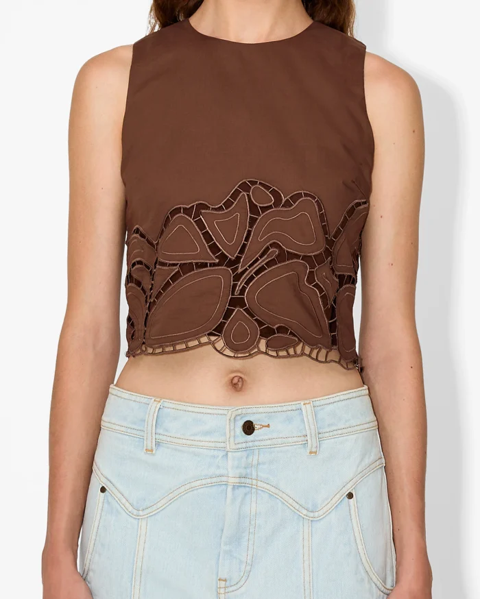 Elegant Brown Cropped Top With Intricate Cut-Out Details - Image 2