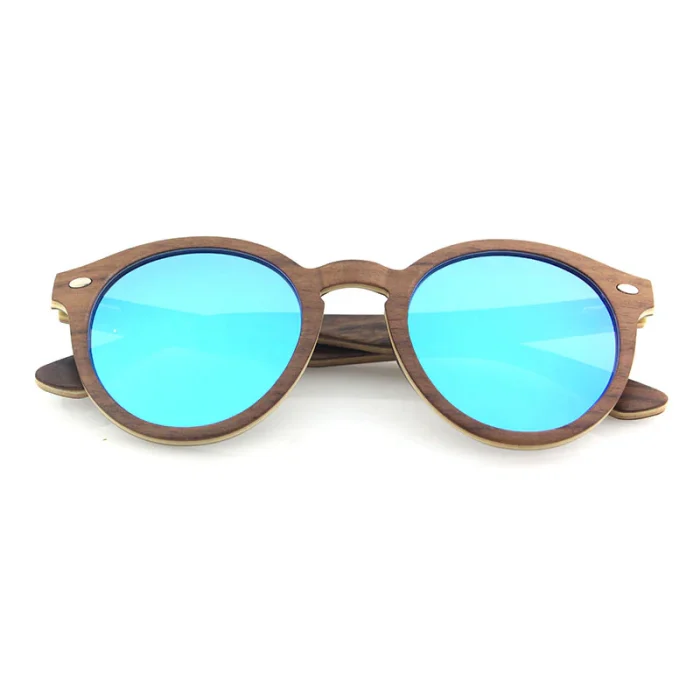 Stylish Wooden Frame Blue Lens Sunglasses - Image 2