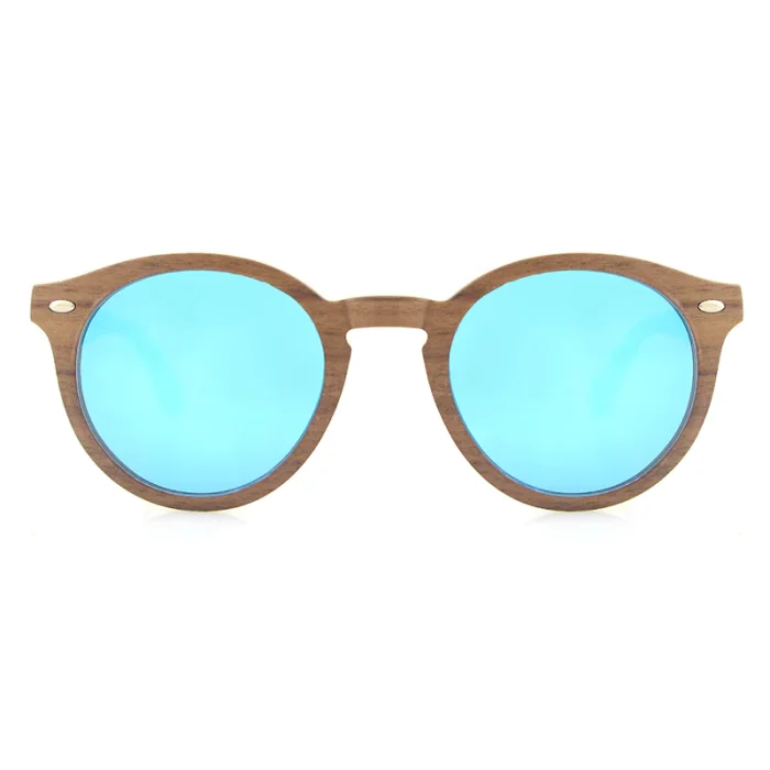 Stylish Wooden Frame Blue Lens Sunglasses - Image 3