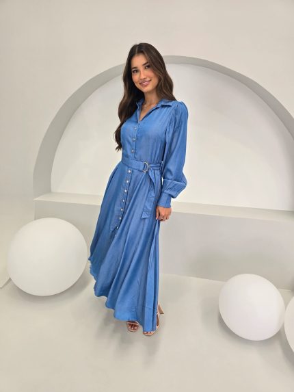 Elegant Blue Long-Sleeve Dress