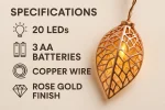 3M 20 LED Geometric Metal Fairy String Lights – Rose Gold Leaf Design – Battery Operated – 8 Modes with Remote - Image 12