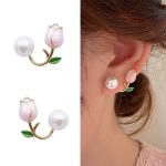 Pink Tulip Flower Pearl Stud Earrings Gift