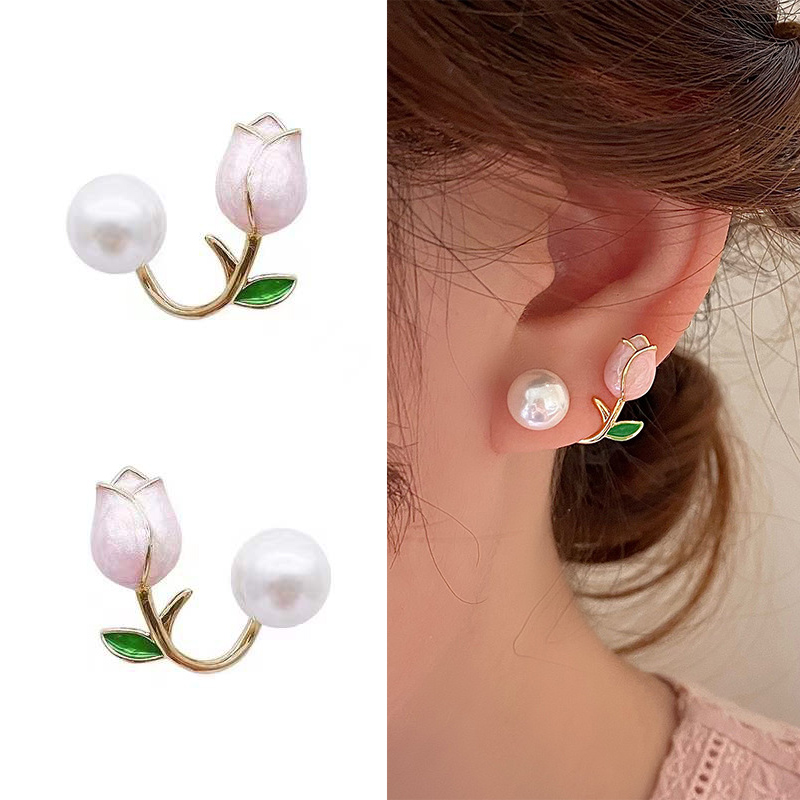 200CF2E3-6468-2493-7A64-D73B41B5B820 Pink Tulip Flower Pearl Stud Earrings Gift - Image 1