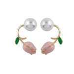 Pink Tulip Flower Pearl Stud Earrings Gift - Image 6