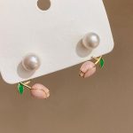 Pink Tulip Flower Pearl Stud Earrings Gift - Image 3